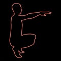 Neon crouching man doing exercises crouches squat sport action male workout silhouette side view icon red color vector