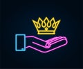 Neon crown of king hanging over hands isolated on dark background. Gold royal icon. Vector stock illustration. Royalty Free Stock Photo