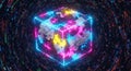 Neon cube containing abstract digital clouds and data streams in a dark void Royalty Free Stock Photo