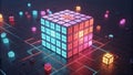 Neon Cubes Elevated Perspective, 3D Render, Glowing Blocks, Abstract Grid