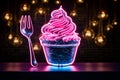 Neon cupcake and spoon sign glows with delectable charm, a sweet invitation.