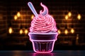 Neon cupcake and spoon sign glows with delectable charm, a sweet invitation.