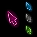 Neon cursor icon. Set of computer mouse arrow pointer in four different colours isolated on black background. Web