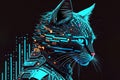 Neon cyber cat on black background, digital art, futuristic character, cyberpunk style. Robotic hacker, image is AI generated.