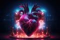 Neon cyber human heart with arteries. Realistic illustration of a heart in neon light on a black background