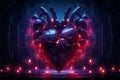 Neon cyber human heart with arteries. Realistic illustration of a heart in neon light on a black background