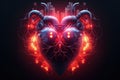 Neon cyber human heart with arteries. Realistic illustration of a heart in neon light on a black background