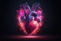 Neon cyber human heart with arteries. Realistic illustration of a heart in neon light on a black background