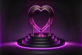 Neon, cyber lights heart shaped pedestal frame and product podium. Futuristic dark background. Generative AI