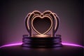 Neon, cyber lights heart shaped pedestal frame and product podium. Futuristic dark background. Generative AI