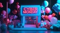 Neon Cyber Monday Store with Balloons and Geometric Shapes Royalty Free Stock Photo