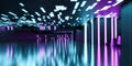 Neon cyber punk light technology building interior background 3d render illustration modern