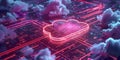 Neon Cyber Space Network: Exploring Modern Cloud Technology on Electronic Devices. Concept Cloud
