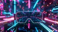 Neon Cybernetic VR Goggles on Abstract Background. Futuristic VR headset glowing with neon lights, abstract digital