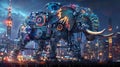 Neon cyberpunk city illuminated by the presence of a detailed robotic elephant. A mechanical beast in a futuristic urban