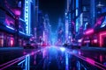 Neon cyberpunk cityscape twilight futuristic metropolis with cool blue and neon pink tones