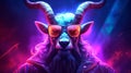 Neon cyberpunk futuristic portrait in pop art style of white reindeer with large strong horns and modern sunglasses Royalty Free Stock Photo
