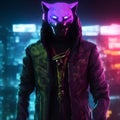 Neon cyberpunk black hooded character red neon eyes background ai generative art