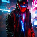 Neon cyberpunk black hooded character red neon eyes background ai generative art