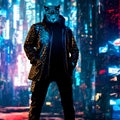 Neon cyberpunk ninja black hoodie wearing gold geometric lion in jacket background ai generative art