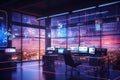 Neon Cyberpunk Open Space Office Interior, Modern IT Concept