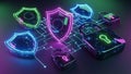 Neon Cybersecurity Shields and Locks Protecting Digital Networks Royalty Free Stock Photo
