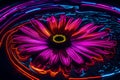 A neon daisy makes dazzling ripples as it emerges from a pool of illuminating liquid. Royalty Free Stock Photo