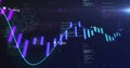 Neon data chart floating above grid plane in virtual space, with candlestick bars, code snippets Royalty Free Stock Photo
