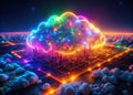 Neon Data Cloudscape Futuristic Technology Network Aerial View Royalty Free Stock Photo