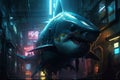 Dark cyberpunk shark emerges from neon urban depths