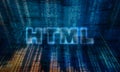 Neon design text of Hypertext Markup Language or HTML in technological and futuristic background with codes Royalty Free Stock Photo