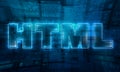 Neon design text of Hypertext Markup Language or HTML in technological and futuristic background Royalty Free Stock Photo