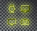 Neon digital device signs vector isolated on brick wall. Watch, display screen, photo camera. Neon c Royalty Free Stock Photo