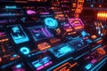 Neon digital interface with glowing displays and data visualizations in a futu Royalty Free Stock Photo