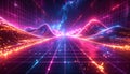 Neon Digital Landscape with Glowing Grid and Cosmic Nebula Background neon grid glowing particles Royalty Free Stock Photo