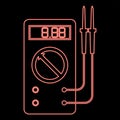 Neon digital multimeter for measuring electrical indicators AC DC voltage amperage ohmmeter power with probes red color vector