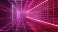 Neon digital room with vaporwave and square cell wireframe. Retro futuristic mesh pattern with floor. Geek outline