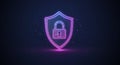 Neon digital security shield and lock protecting user data. Cybersecurity concept for tech businesses. Royalty Free Stock Photo