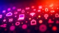 Neon Digital Technology Icons Background with Wireless and Cloud Network Concept. Royalty Free Stock Photo