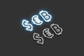 Neon dollar, euro and bitcoin symbol, glowing font mockup