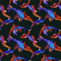 Neon dolphins in seamless pattern. Silhouette of ocean animals in modern colors. Royalty Free Stock Photo