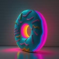 Neon donut on colorful background. Doughnut day concept. AI