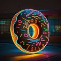 Neon donut on colorful background. Doughnut day concept. AI