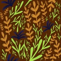 Neon doodle plants on brown background. Blue, green, orange leaves, and branches. Seamless floral pattern. Packaging, wallpaper, t Royalty Free Stock Photo