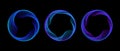 Neon dotted circle set. Blue purple glowing round tech frame collection. Curved wave dot line circles on black