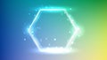 Neon double hexagon frame with shining effects and sparkles