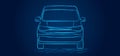 Neon drawing of a small van in blue, front view, dark blue background Royalty Free Stock Photo