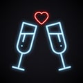 Neon drink in two glasses. Bright toast sign. Cocktails, binge, champagne, wine, theme. Light glowing alcohol symbol. Royalty Free Stock Photo