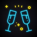 Neon drink in two glasses. Bright toast sign. Cocktails, binge, champagne, wine, theme. Light glowing alcohol symbol. Royalty Free Stock Photo