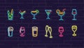 Neon drinks. Cocktails, wine, beer, champagne. Night illuminated wall street sign. Cold alcohol drinks in dark night.